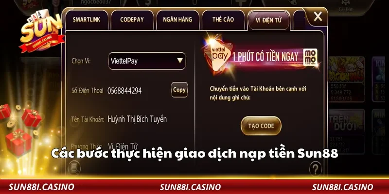 Các bước thực hiện giao dịch nạp tiền Sun88